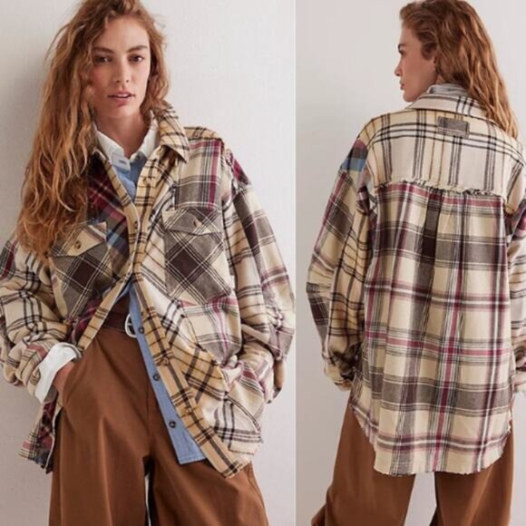Free People Jackets & Blazers - NWT Free People Patched Up Plaid Shirt at Free People Oatmeal Size: Large